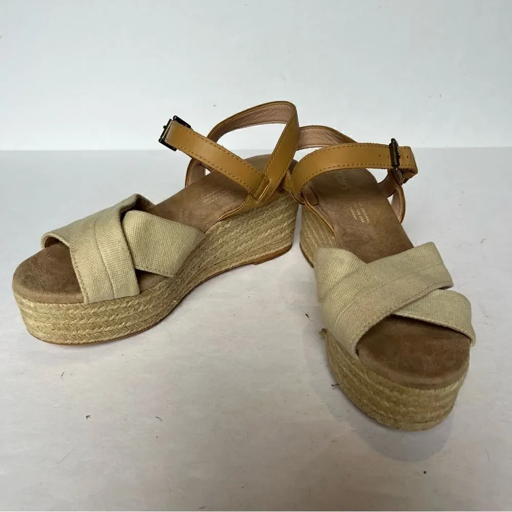 Toms Women's Braided Wedge Espadrille Sandals Light Tan Size 6 Canvas Straps